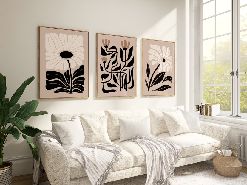 Set of 3 Beige Matisse Flowers Cutouts Framed Wall Art Rustic Charm